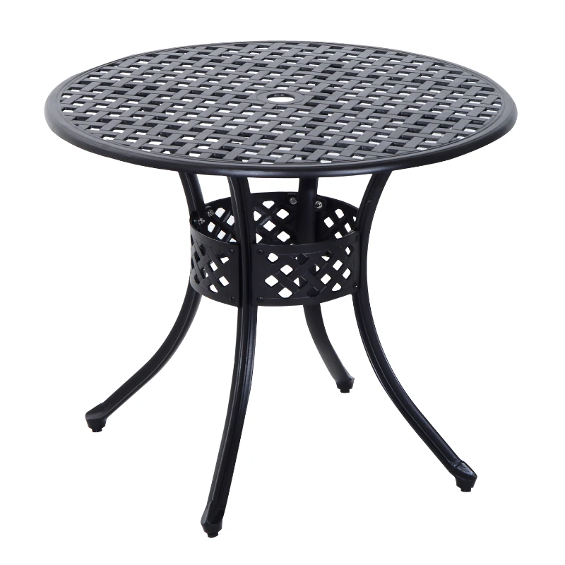Outsunny 33-Inch Roud Patio Dining Table with Umbrella Hole, Cast Aluminum Garden Table, All Weather Patio Bisto Table, for Lawn, Garden, Outside, Black