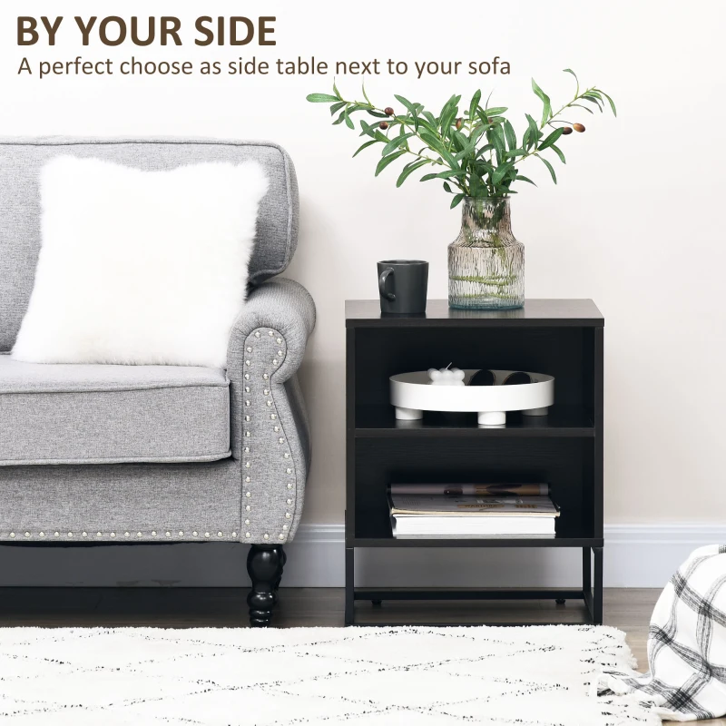 HOMCOM Nightstand, Bedside Table with Storage Shelves, Side End Table with Steel Legs for Bedroom, Black