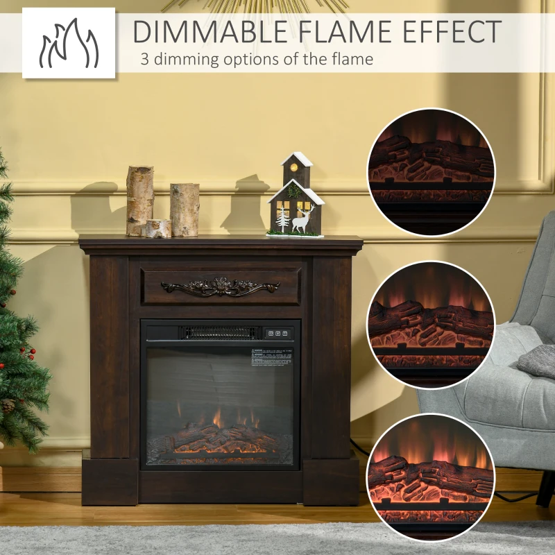HOMCOM 32" Electric Fireplace with Mantel, Freestanding Heater with LED Log Flame, Overheat Protection and Remote Control, 1400W, Dark Brown