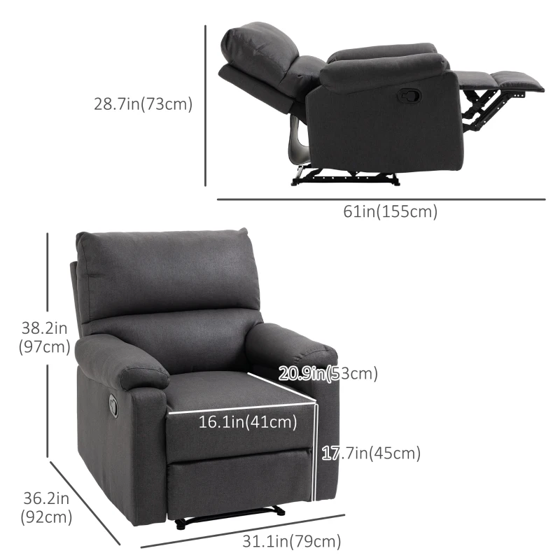 HOMCOM Single Recliner Sofa Lounge Linen Fabric Manual Adjustable Reclining Armchair with Padded Back for Home Theater, Living Room, Charcoal Grey