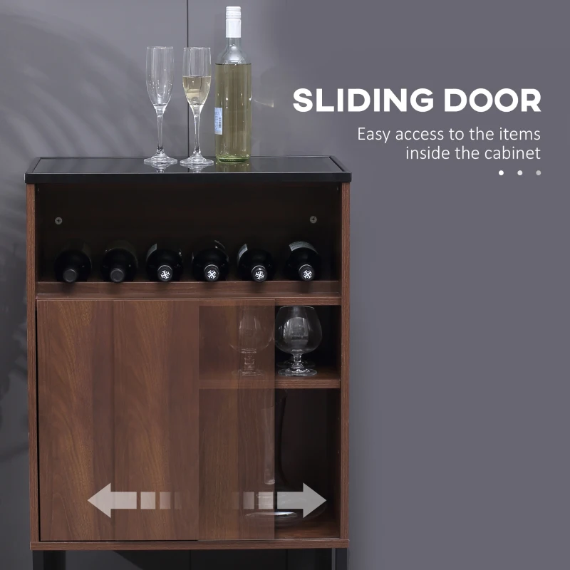 HOMCOM Industrial Wine Bar Cabinet, Liquor Cabinet for 6 Bottles, Sideboard with Sliding Door, Tempered Glass Top, Adjustable Shelf for Home Bar, Dining Room, Walnut