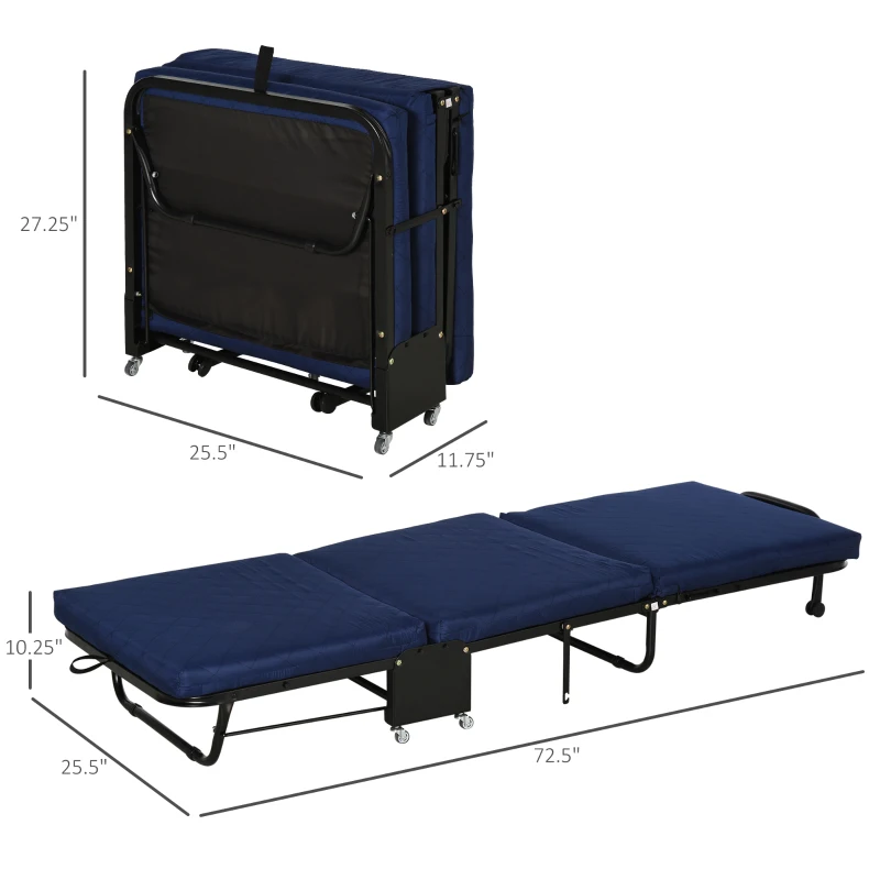 HOMCOM 72.5" Adjustable Folding Bed, Rollaway Guest Bed with Adjustable Head, 2.25 Inch Thick Padded Mattress Heavy Duty Portable Metal Frame with 5 Caster Wheels, Blue
