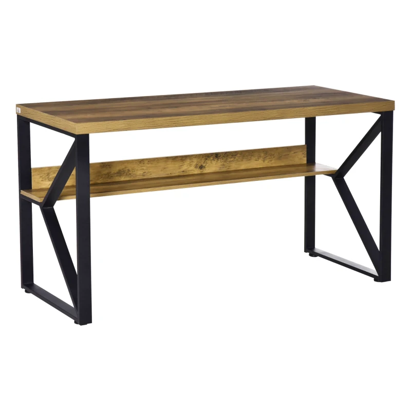 HOMCOM 55”  Computer Writing Desk, Corner Workstation, Laptop Table with K-Shaped Steel Leg and Storage Shelf, Brown and Black