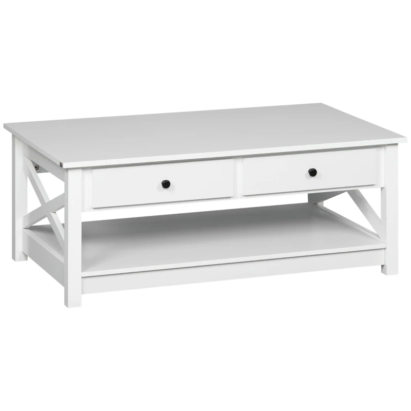 HOMCOM Coffee Table with Storage, Farmhouse Living Room Table with Drawers and Open Shelf, Centre Table with X-frames, White