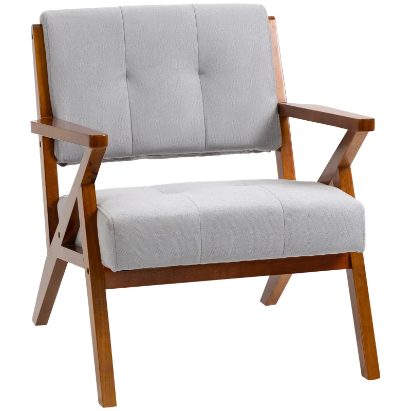 HOMCOM Armchair with Removable Seat and Back Cushion for Bedroom Tufted Living Room Chair with Faux Leather and Wood Legs Grey