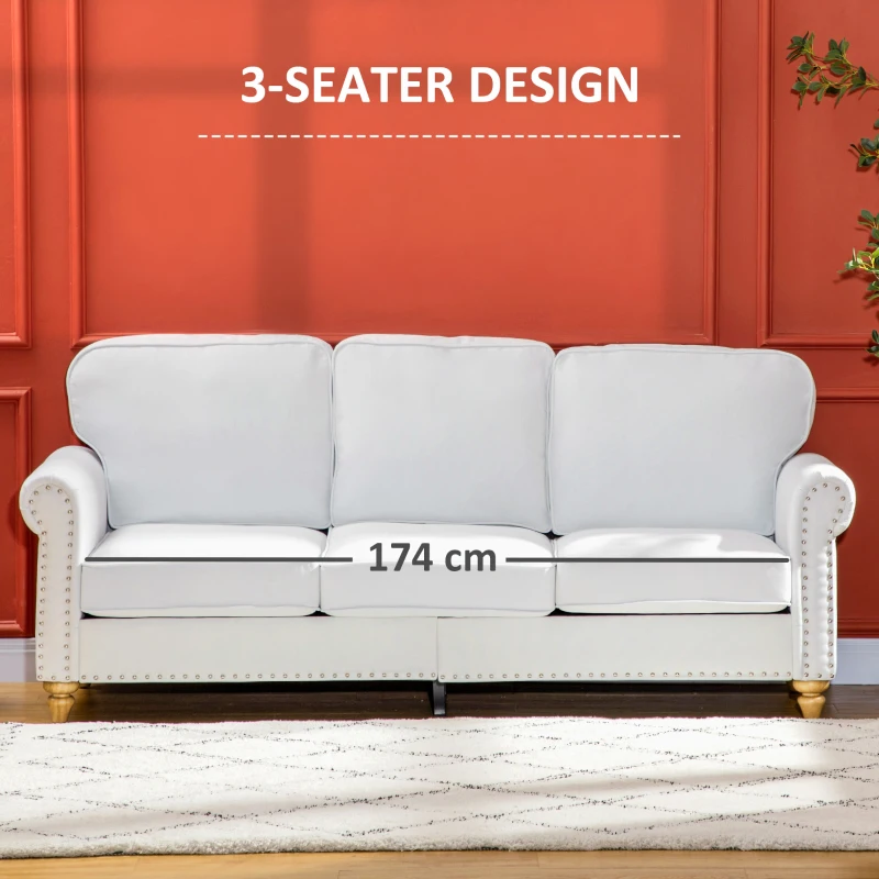 HOMCOM 3-Seater Sofa Couch, 81" Modern Upholstered Linen Fabric Sofa with Rubberwood Legs, Nailhead Trim and Rolled Arms for Living Room, Bedroom and Apartment, White