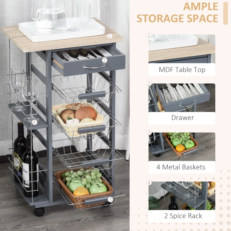 HOMCOM Rolling Kitchen Cart, Utility Storage Cart with 4 Baskets, Drawer, Side Racks, Wheels for Dining Room, Dark Grey