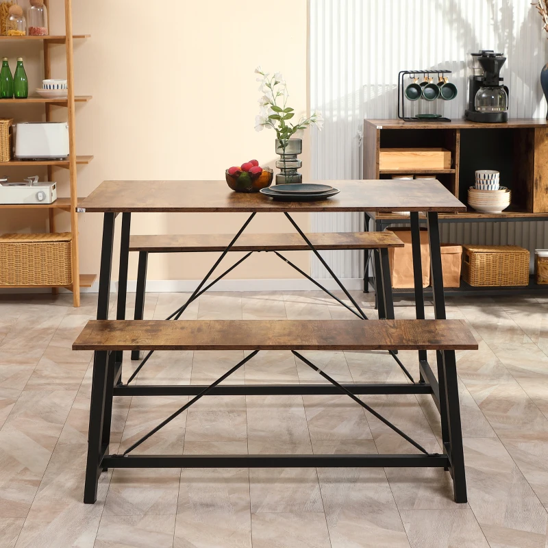 HOMCOM Industrial 3-Piece Dining Table Set, Rectangular Kitchen Table and Chairs for 4 People, Space-Saving Dinner Table with Two Benches, Rustic Brown