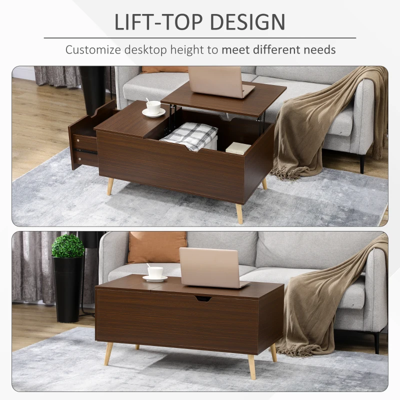 HOMCOM Coffee Table with Wood Legs, Lift Top Coffee Table with Drawer, Hidden Compartment, 38.6" x 21.3" x 18.9", Brown
