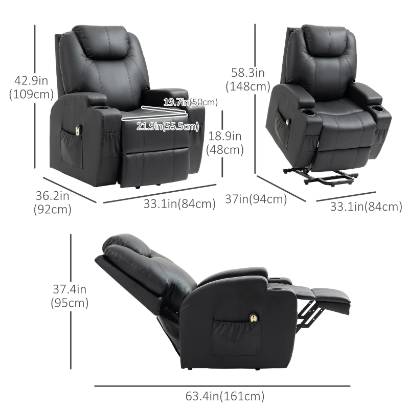 HOMCOM PU Leather Power Lift Chair for Elderly with Cup Holders Side Pockets Footrest and Remote Control (Black)