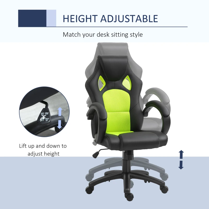 HOMCOM Racing Gaming Chair Office Chair Computer Desk Gamer Chair with Swivel Wheels, Padded Headrest, Tilt Function, Green
