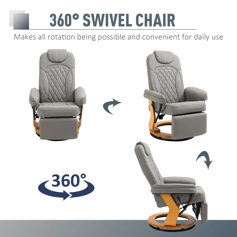 HOMCOM Manual Recliner Chair Faux Leather Upholstered Lounge Reading Armchair Sofa with Footrest, Headrest, Round Wood Base for Living Room, Bedroom, Office, Grey