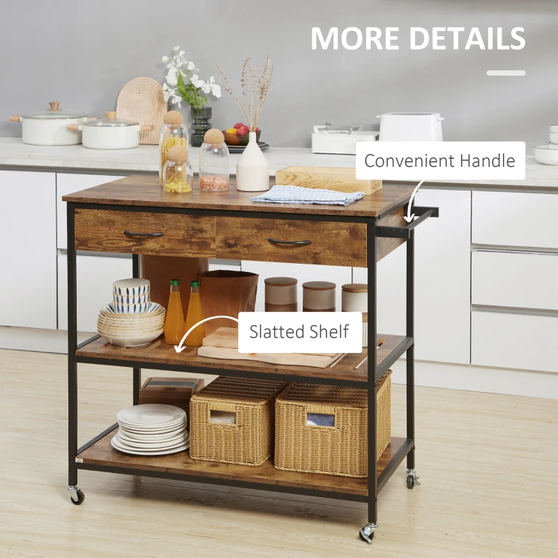 HOMCOM Industrial Kitchen Island with Storage, Kitchen Cart with Drawers, Storage Shelves, Towel Rack, Metal Frame for Dining Room, Living Room,Rustic Brown