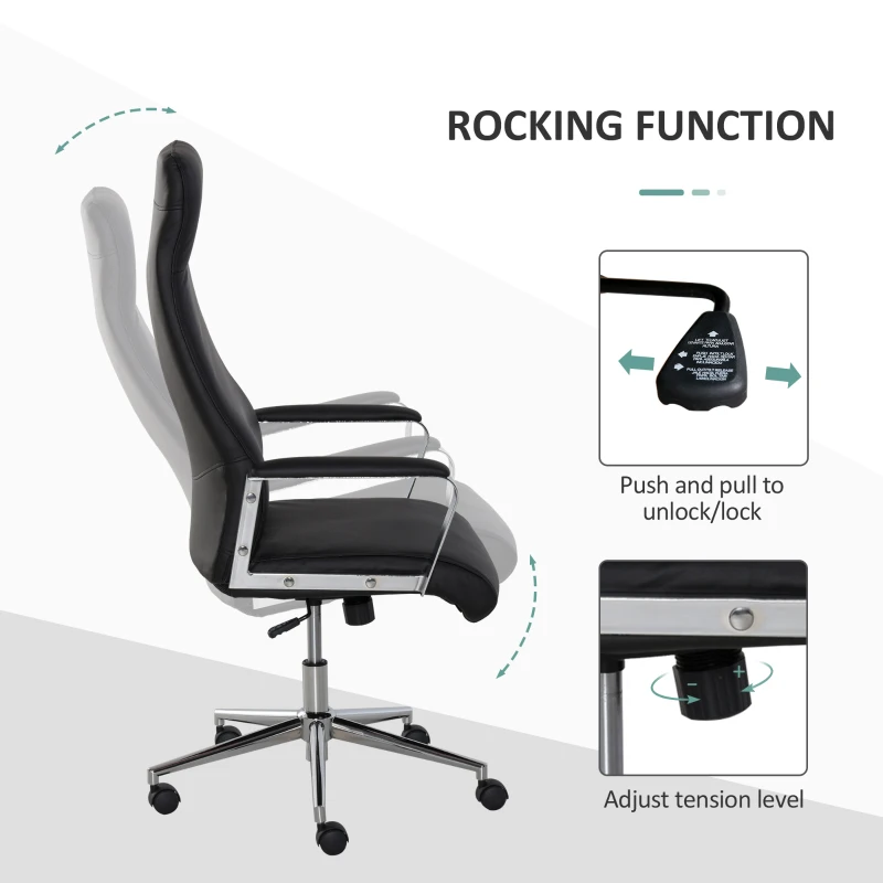 Vinsetto Office Chair Faux Leather High-Back Rocker Swivel Computer Desk Chair with Wheels, Steel Base, Black