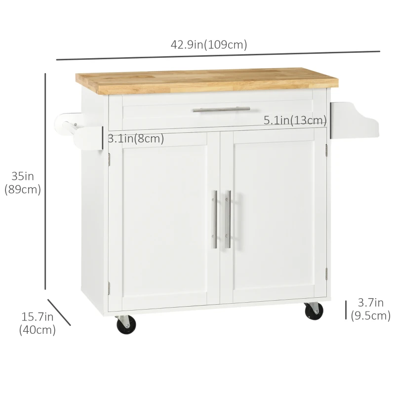 HOMCOM Kitchen Island with Storage, Rolling Cart Trolley with Rubberwood Top, Adjustable Shelf, Drawer, Spice Rack, White