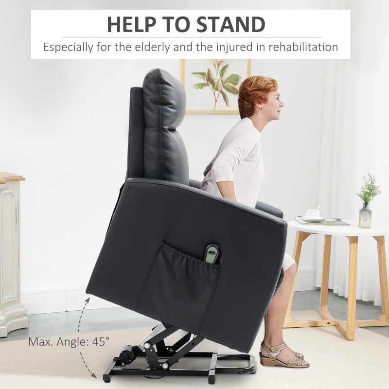 HOMCOM Electric Power Lift Chair for Elderly with Remote Control, Side Pocket, Power Reclining Chair for Living Room Home Theater Seating, PU, Black