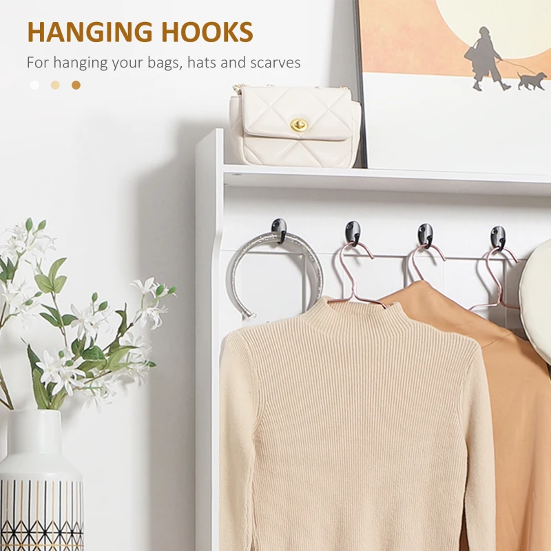 HOMCOM Modern Hall Tree, Entryway Coat Rack with Shoe Bench, 5 Hooks, Storage Shelf and Slatted Door Cabinet for Hallway, White