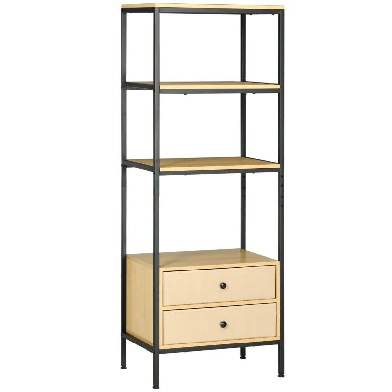 HOMCOM 4-tier Storage Shelving Unit with 2 Fabric Drawers, Modern Bookshelf with Open Shelves for Living Room, Home Office, Bedroom, Oak