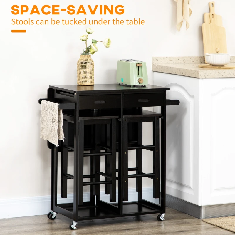 HOMCOM Bamboo Breakfast Cart 3 Piece Kitchen Trolley with Drop Leaf Table and 2 Square Stools, Coffee Brown