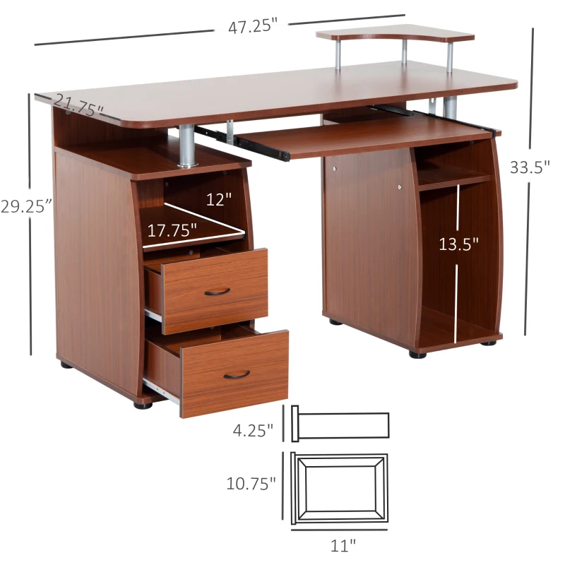 HOMCOM Computer Table Desk PC Desktop Drawer Home Office Furniture Walnut