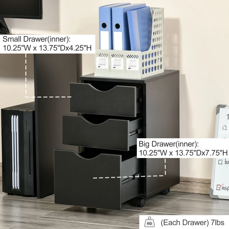 HOMCOM Mobile Filing Cabinet, 3 Drawer File Cabinet, Under Desk Office Storage Cabinet with Wheels, Black