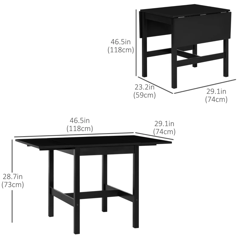 HOMCOM Solid Wood Kitchen Table, Farmhouse Drop Leaf Tables for Small Spaces, Folding Dining Table, Black
