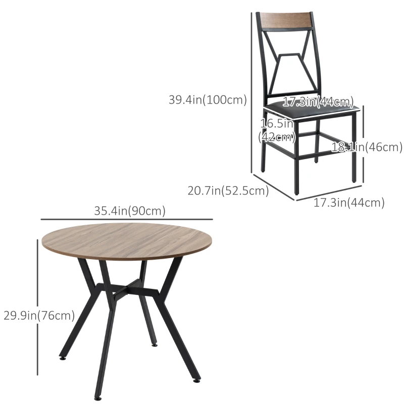HOMCOM 5 Pieces Diner Tables Industrial Dining Room Sets for 4 People with Round Table Padded Seat and Steel Frame Brown