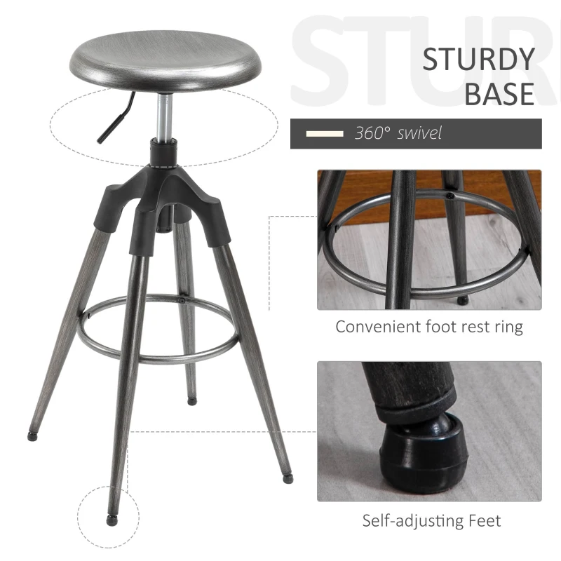 HOMCOM Industrial Backless Bar Stool Metal Swivel Seat Adjustable Height  Silver