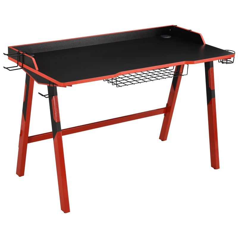 HOMCOM 55" Gaming Desk Gaming Table Home Office Desk with Durable Steel Frame, Game Station with Earphone Hook, Cup Holder, Under Table Wire Box, Game Handle Holder, Black