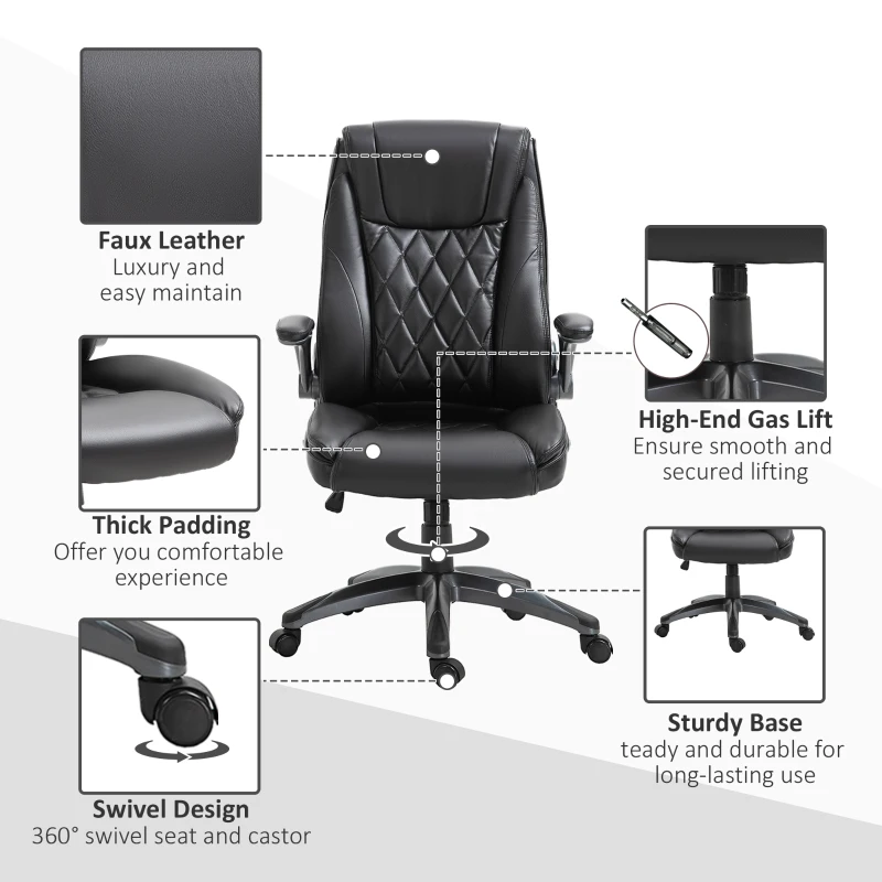 Vinsetto High-Back Office Chair Executive Swivel Computer Desk Chair, with PU Leather, Flip-up Armrest, Black