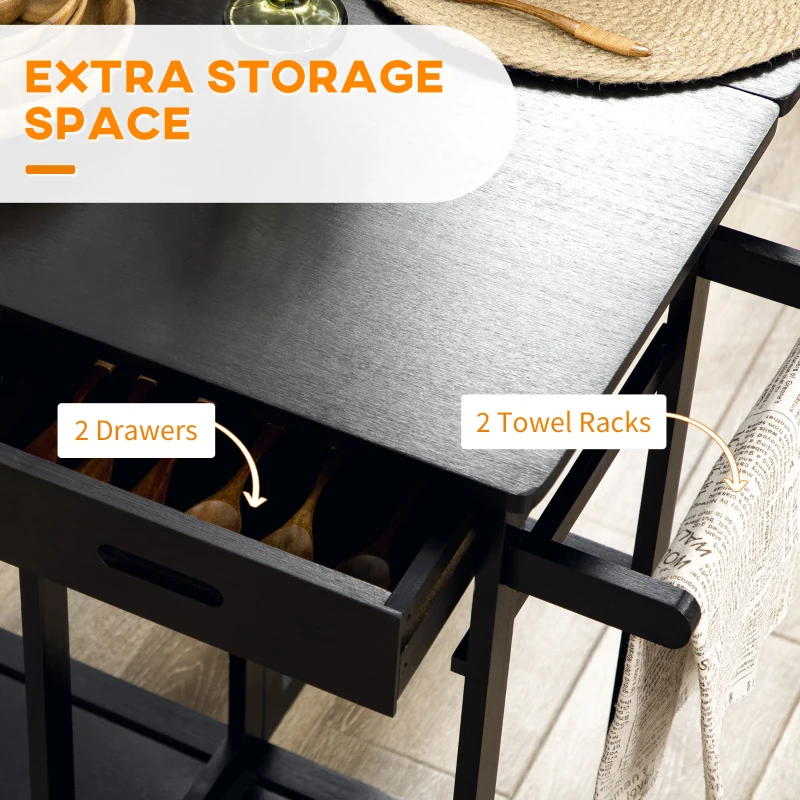 HOMCOM Bamboo Breakfast Cart 3 Piece Kitchen Trolley with Drop Leaf Table and 2 Square Stools, Coffee Brown