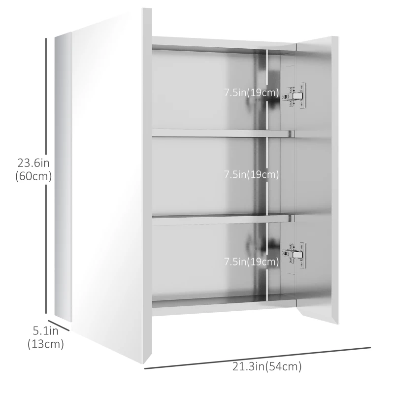 kleankin Wall Mounted Medicine Cabinet with Mirror Wall Mirror Cabinet with Hinged Doors 3-Tier Storage Shelves Silver