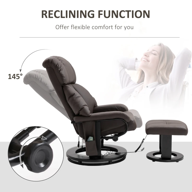HOMCOM Massage Recliner Ottoman Set Electronic Reclining Chair with Footrest 10 Vibration Motor Swivel Wood Base Brown