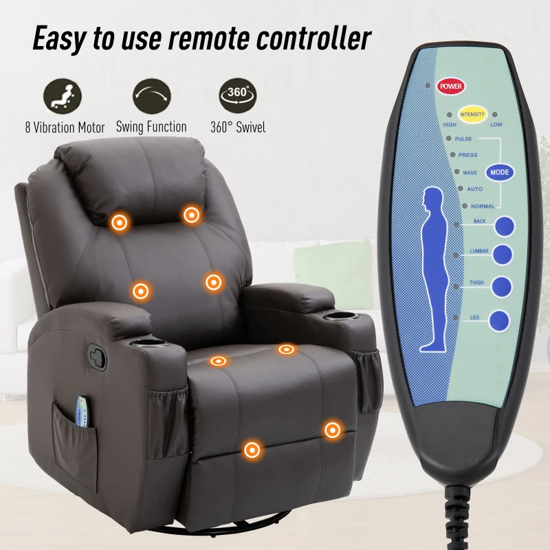 HOMCOM Luxury Electronic Massage Sofa Leather Adjustable Recliner Chair Armchair Lounge (Brown)