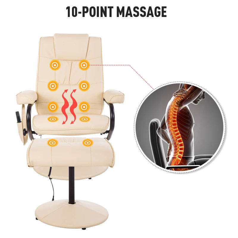 HOMCOM Massage Recliner Ottoman Set Electronic Swivel Armchair with Wrapped Base and Matched Footrest 10 Vibration Modes Beige
