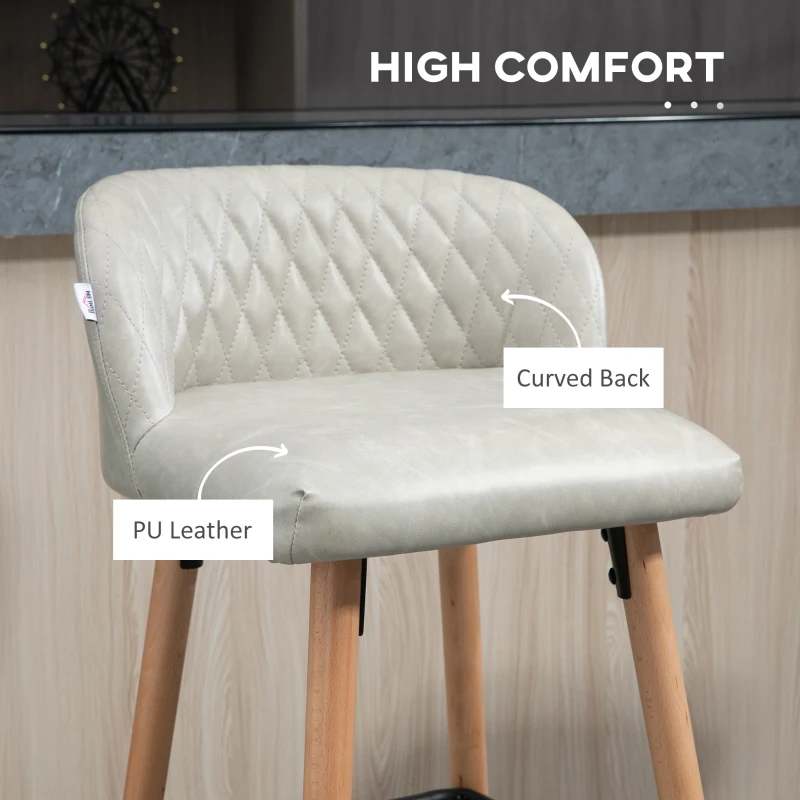 HOMCOM Bar Stool Set of 2 PU Leather Padded Counter Height Bar Stools with Footrest and Adjustable Feet for Home Kitchen White