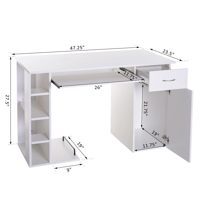 HOMCOM Computer Desk Writing Table Laptop PC Workstation with Storage Shelves Drawer Keyboard Tray Home Office White