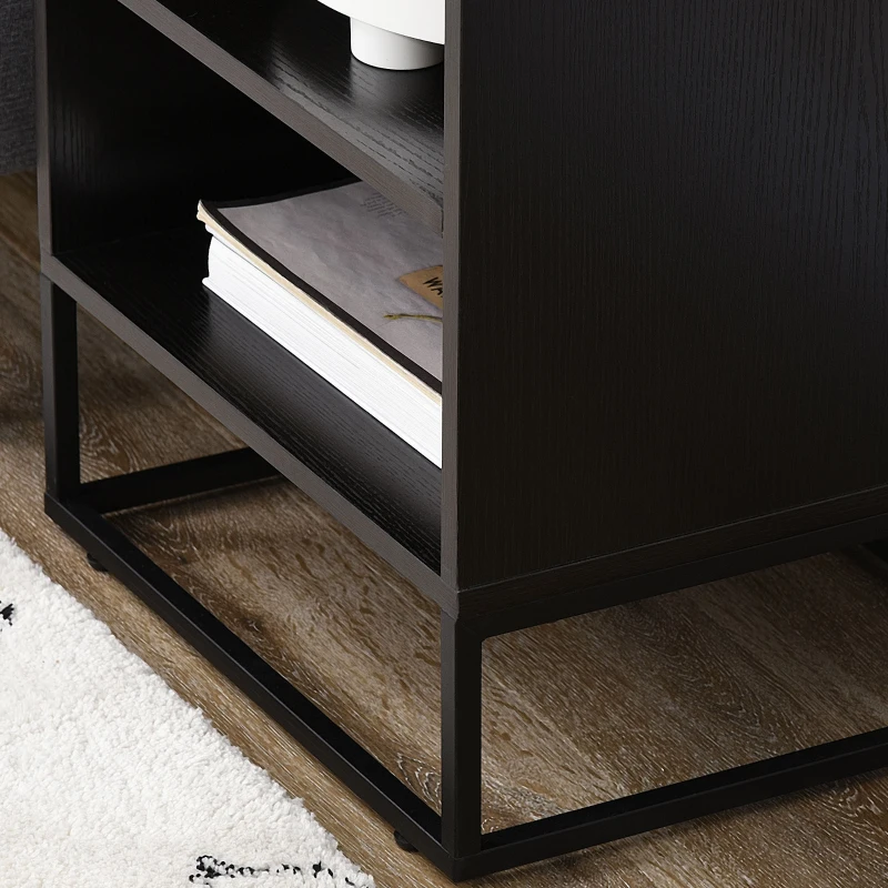 HOMCOM Nightstand, Bedside Table with Storage Shelves, Side End Table with Steel Legs for Bedroom, Black