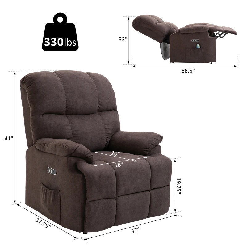 HOMCOM Electric Power Lift Recliner Chair Sofa for Elderly, for Gentle Lift Motor & USB Charger, Over Padded Plush Fabric Chair for Living Room, Brown