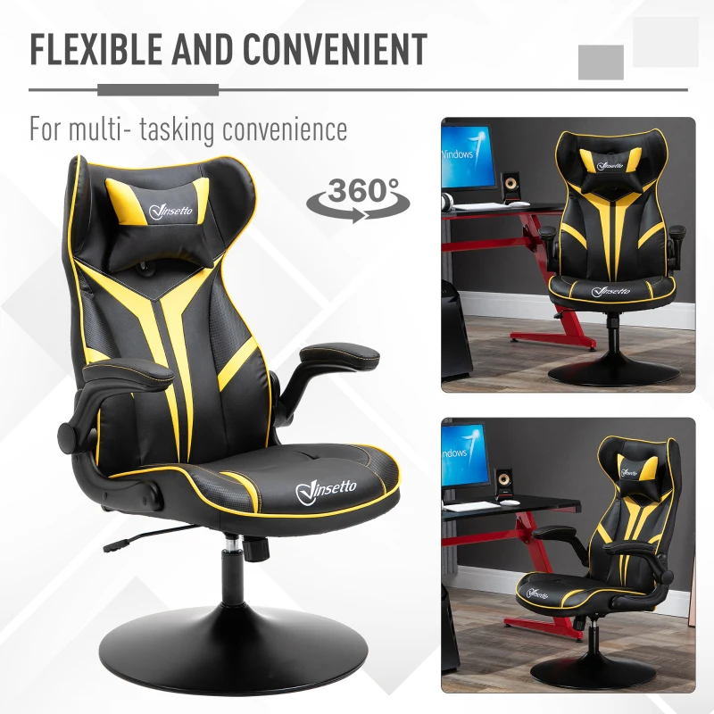 Vinsetto Office Chair Racing Vedio Gaming Faux Leather with Pedestal Base, Adjustable Head Pillow, Flip-Up Armrest, Yellow and Black
