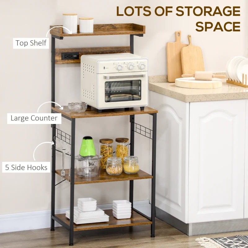 HOMCOM Kitchen Baker's Rack with Power Outlet, USB Ports, Coffee Bar Station with Adjustable Shelves, Rustic Brown
