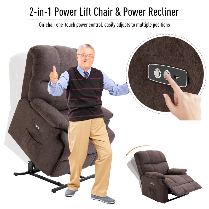 HOMCOM Electric Power Lift Recliner Chair Sofa for Elderly, for Gentle Lift Motor & USB Charger, Over Padded Plush Fabric Chair for Living Room, Brown