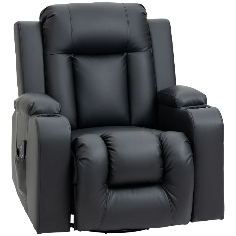 HOMCOM Massage Recliner Chair for Living Room with 8 Vibration Points, PU Leather Reclining Chair with Cup Holders, Swivel Base, Rocking Function, Black