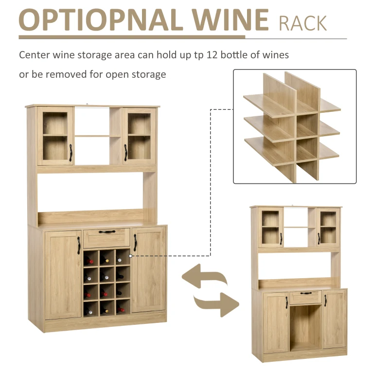 HOMCOM 71'' Large Traditional Kitchen Pantry Cabinet Cupboard, Kitchen Buffet Server Hutch Storage Sideboard with Microwave Counter, Optional 12-Bottle Wine Storage, Adjustable Shelves