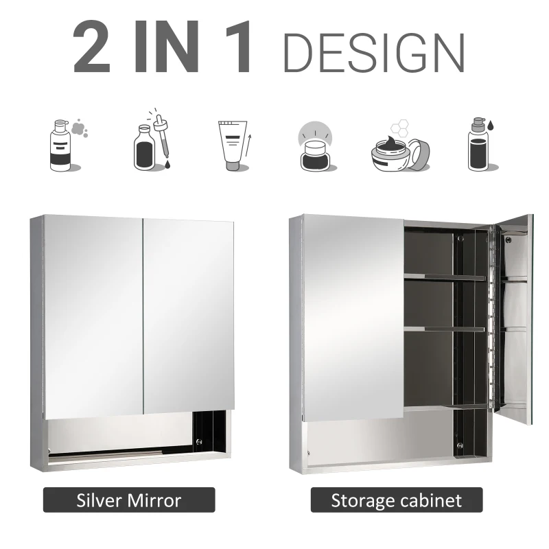 kleankin Wall Mount Bathroom Mirror Cabinet, Medicine Cabinet with Shelves Storage Organizer Stainless Steel Double Doors