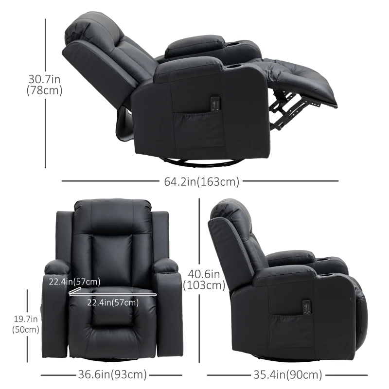 HOMCOM Massage Recliner Chair for Living Room with 8 Vibration Points, PU Leather Reclining Chair with Cup Holders, Swivel Base, Rocking Function, Black