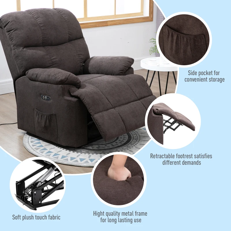 HOMCOM Electric Power Lift Recliner Chair Sofa for Elderly, for Gentle Lift Motor & USB Charger, Over Padded Plush Fabric Chair for Living Room, Brown