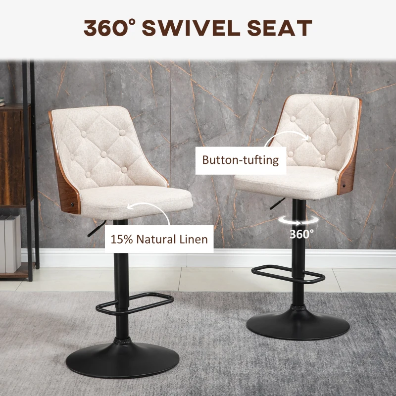 HOMCOM Counter Height Bar Stools Set of 2 with Solid Wood Back, Height Adjustable Swivel Barstools, Button Tufted Linen Fabric Bar Chairs with Footrest, Beige
