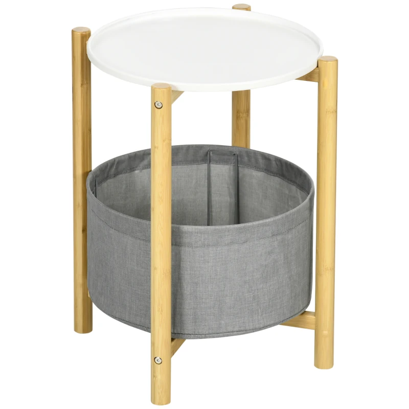 HOMCOM Round Side Table with Detachable Tray Top and Fabric Storage Basket, End Table with Bamboo Frame