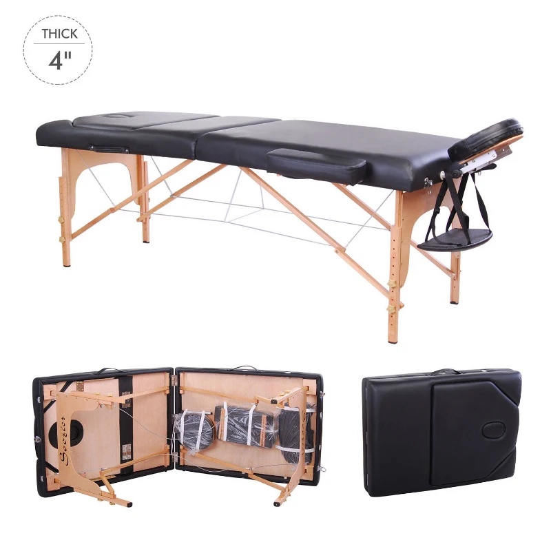 HOMCOM 91" 3 Section 4" Pad Foldable Massage Table Spa Facial Couch Bed w/ Carry Case Black